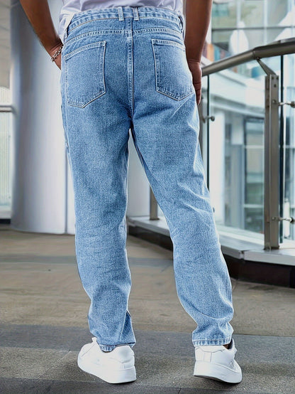 Men'S Loose-Fit Jeans, Cotton Blend Street Style Denim Pants, Non-Stretch Solid Color, Regular Length, with Multiple Pockets for All-Season Wear