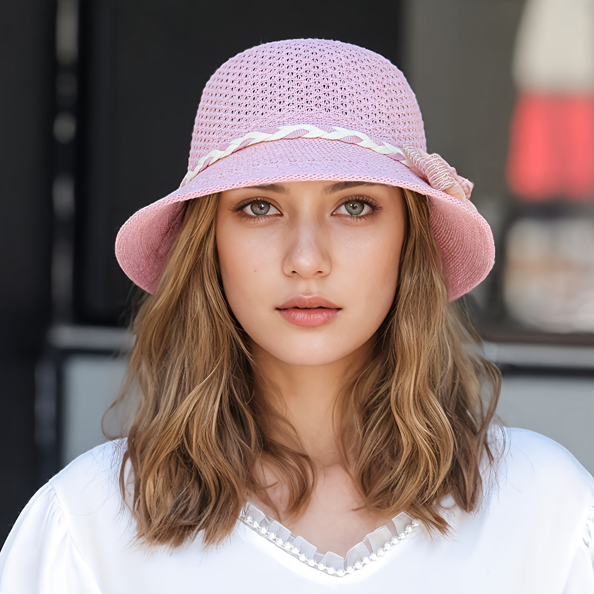 1pc Elegant Women's Floral-Decorated Straw Hat - Breathable Hollow Fisherman Sun Hat with Wide Brim, Jacquard Beige & Brown Summer Beach Hat for Outdoor Travel, Casual Outings & Daily Wear, Fishing Hat, Decorative Bow Accent,