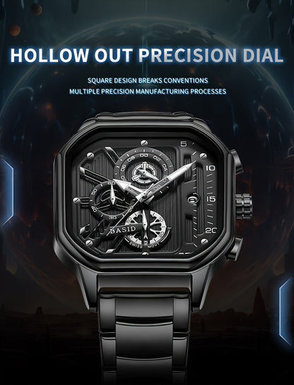 BASID Men's Elegant Square Analog Quartz Watch with Date Display & Stopwatch - Stainless Steel Strap, Black Dial - Casual & Dress Watch for Men, Unique Gift Idea, Versatile Wristwatch, Sleek Watch Design, Polished Finish