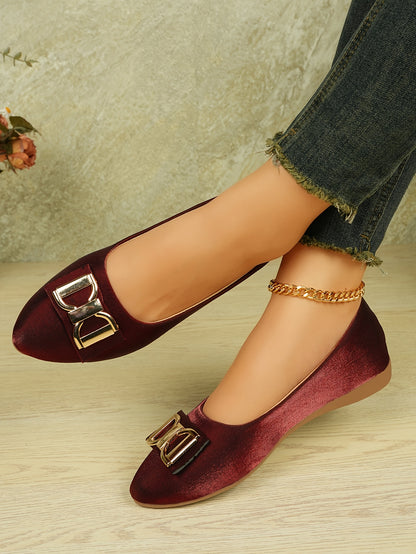 Women's Elegant Red Slip-On Flats with Golden Double Buckle Design - Comfortable Faux Cover Shoes for All Seasons, Pointed Toe Rubber Sole, Perfect for Casual or Dressy Occasions, Dressy Flats | Buckle Embellished Shoes | Lux