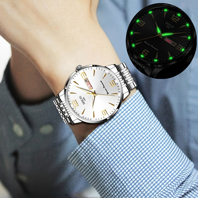 DEBLVE Men's Sleek Business Watch - Ultra-Thin Alloy, Luminous Hands, Calendar & Week Display, Waterproof, Sporty Steel Strap with Secure Clasp