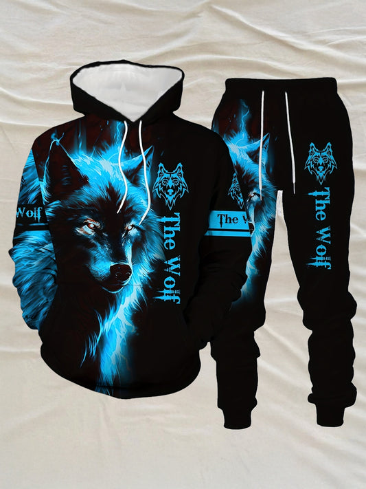 Men'S Wolf Print Hooded Sweatshirt and Joggers Set, Casual Polyester Knit Fabric, Slight Stretch, Regular Fit, Comfortable Long Sleeve Pullover for Spring/Fall, Weekend Casual Wear
