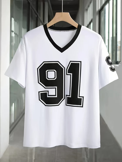 Women's Summer Casual V-Neck Short Sleeve T-Shirt with Bold '91' Digital Print - White & Black Contrast, Breathable Machine-Washable Fabric for Spring/Summer Outfits, Shirts for Summer, Everyday Comfort Tee, Edgy Contrast Des