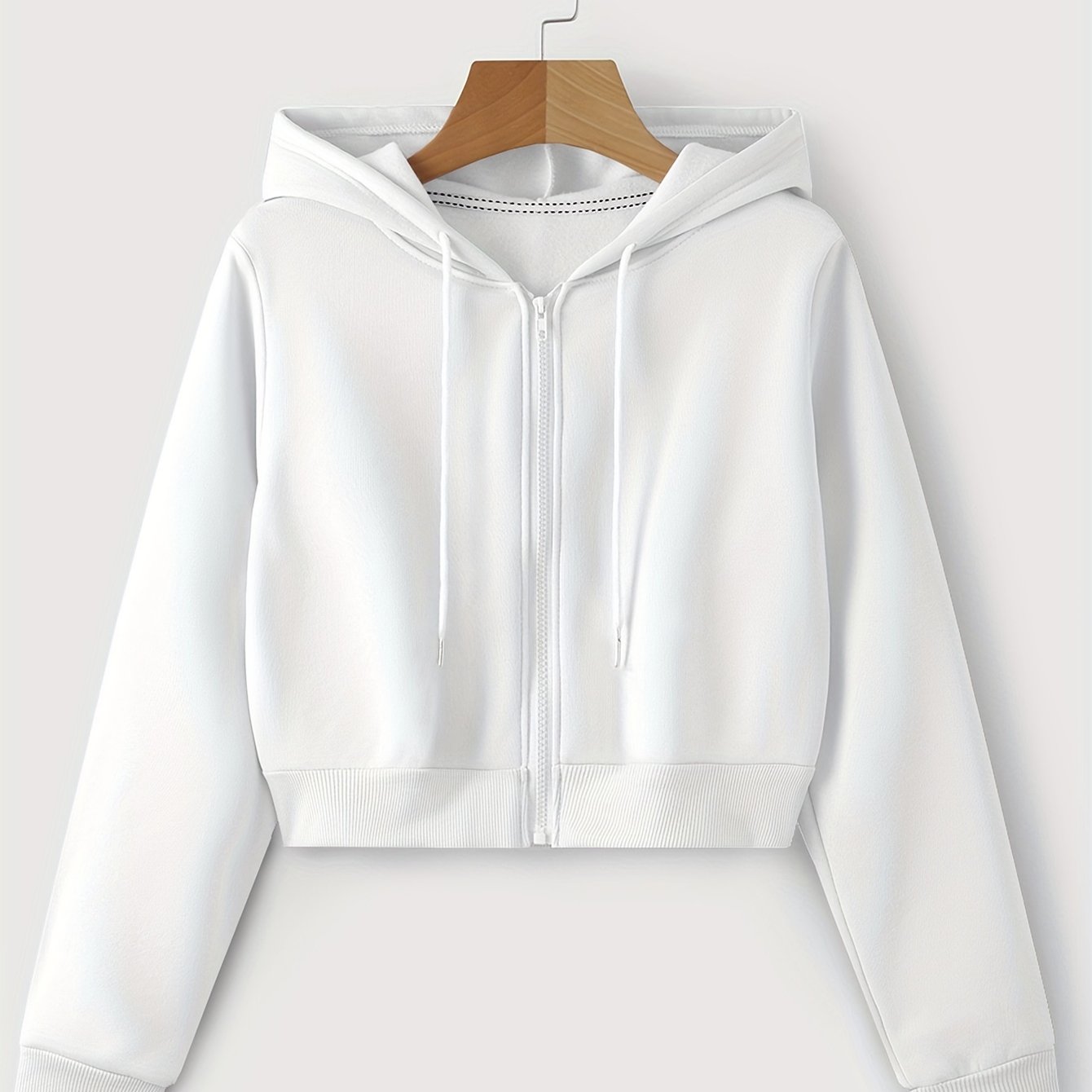 Zip Up Cropped Drawstring Hoodie, Casual Long Sleeve Sweatshirt For Spring & Fall, Women's Clothing