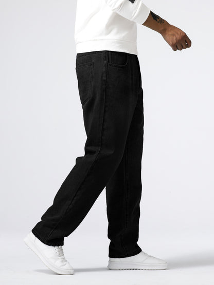 Men'S Loose Fit Straight Leg Jeans, Cotton 85% Polyester 15% Denim, Washed Solid Color Casual Style