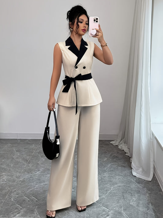 Elegant Sleeveless Blazer & Wide-Leg Pants Set for Women - Chic Black & White Two-Tone with Bow Tie Waist, Perfect for Office or Casual Outfits, Office Attire|Sleek Formal Attire|Polyester Fabric