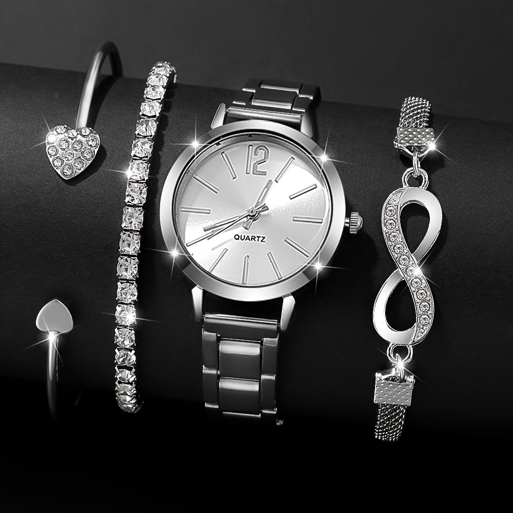 1pc or 4pcs/set Women's Fashion Quartz Watch with Silver Bracelet Set, The Perfect Gift for Her on Valentine's Day, Easter, Birthday and Christmas Does not include box