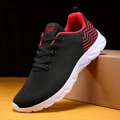 Men's Knitted Breathable Running Shoes, Lightweight Non-Slip Soft Sole, Comfortable for Outdoor Walking, Jogging, Fitness, Daily Activities, EVA Sole, Fabric Upper, Low-Top, Lace-Up Closure, Striped Pattern, All-Season Fashio
