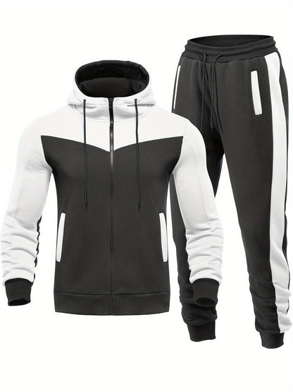Men'S Casual Hoodie Set for Autumn And Winter, Featuring a Hooded Sweatshirt And a Sporty Cardigan in a Patchwork Design.