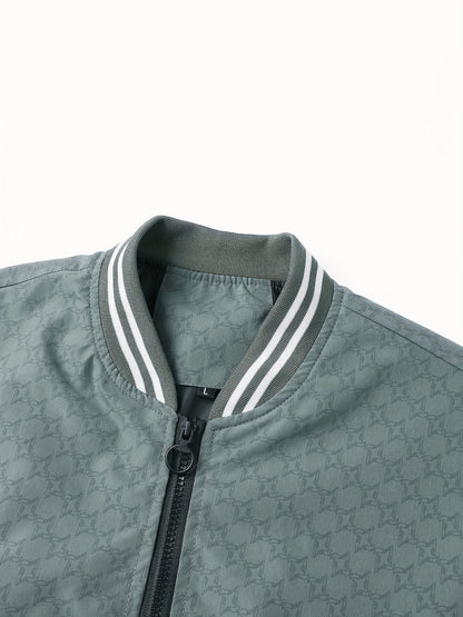 Men'S Lightweight Geometric Pattern Bomber Jacket - Casual Long Sleeve Zip-Up with Pockets, White & Gray, Polyester Lining, Perfect for Fall, Autumn Jacket