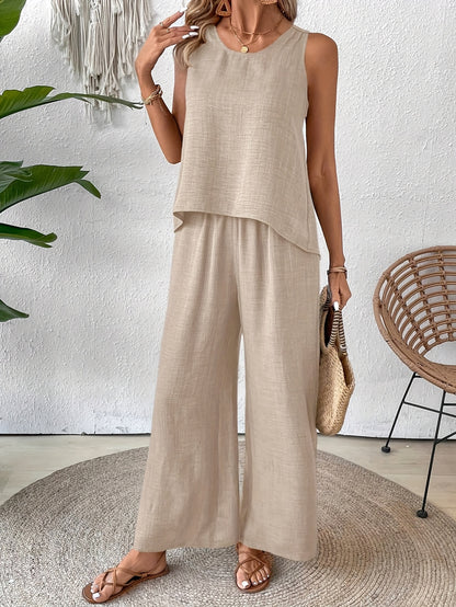 Women'S Summer Backless Cut-Out Panel Tank Top + Wide Leg Pants Set - Casual, Simple, Sleeveless, Polyester, Light Beige, Perfect for Spring/Summer, Casual Attire|Backless Top|Polyester Fabri