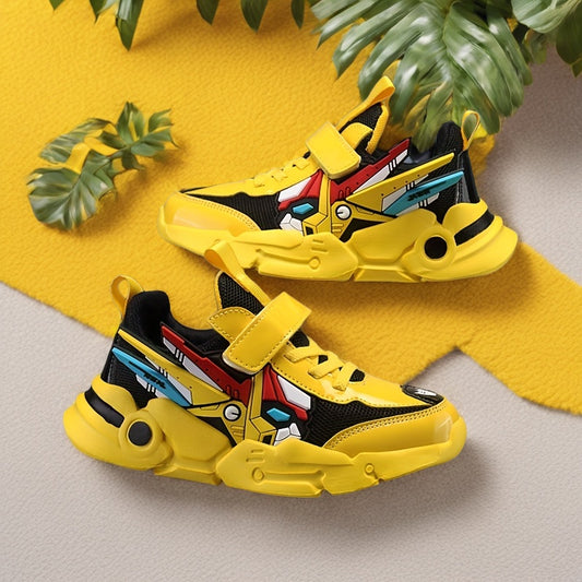 Boys' Lightweight Breathable Mesh Sneakers - Vibrant Yellow Cartoon Design, Hook-and-loop Fastener Closure, Perfect for Spring & Summer Casual Wear, Playful Outdoor Shoes | Cartoon Pattern Shoes | EVA Cushioned Sole