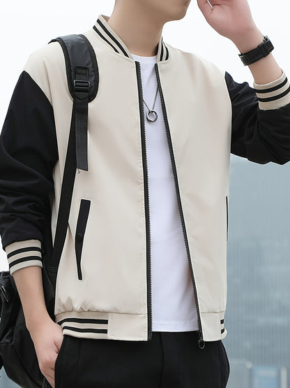 Men'S Lightweight Geometric Pattern Bomber Jacket - Casual Long Sleeve Zip-Up with Pockets, White & Gray, Polyester Lining, Perfect for Fall, Autumn Jacket