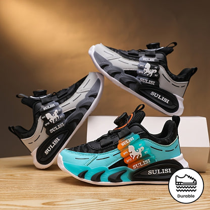 Kid's Trendy Colour Block Sneakers with Rotating Buckle, Comfy Non Slip Durable Shoes for Boy's & Girl's Outdoor Activities