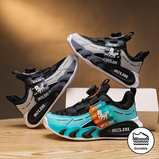 Kid's Trendy Colour Block Sneakers with Rotating Buckle, Comfy Non Slip Durable Shoes for Boy's & Girl's Outdoor Activities