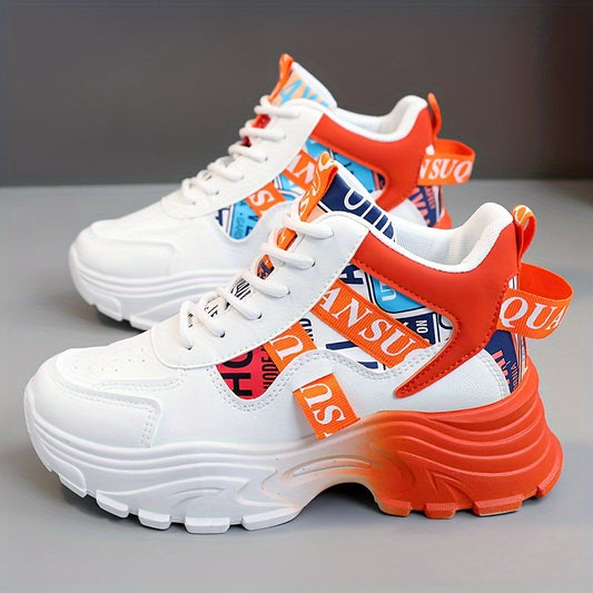 Women's Letter Design Chunky Sneakers, Fashion Lace Up Outdoor Shoes, Comfortable Low Top Sport Shoes