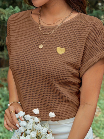Women'S Brown Knit Short Sleeve Top with Golden Heart Design - Casual Spring/Summer Blouse, Casual Wear|Knit Texture|Short Sleeve Top