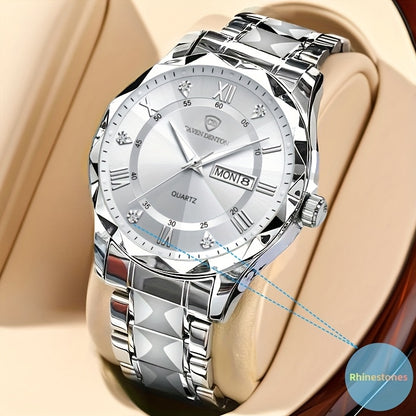 Men'S Quartz Business Watch with Rhinestone-Embellished Luminous Dial, Stainless Steel Strap & Case, Date & Day Display, IPX7 Water-Resistant - Ideal for Travel, Work, Outdoor - Perfect Gift for Birthdays, Holidays, Anniversa