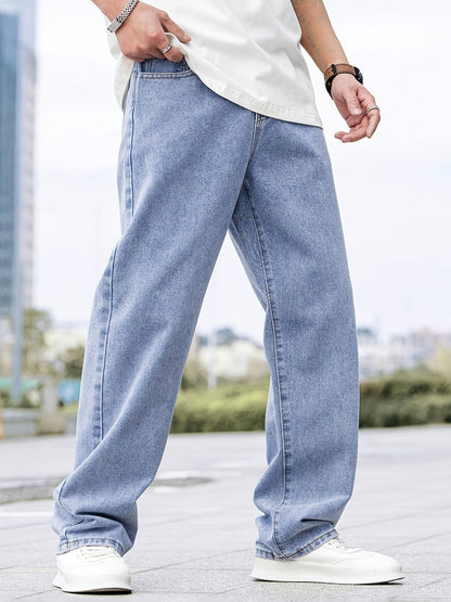Men'S Classic Casual Denim Jeans, 80% Cotton 20% Polyester, All-Season Regular Fit, Non-Stretch Solid Color, 380g/m² Woven Fabric, Washed Detail, Adult Regular Length Pants