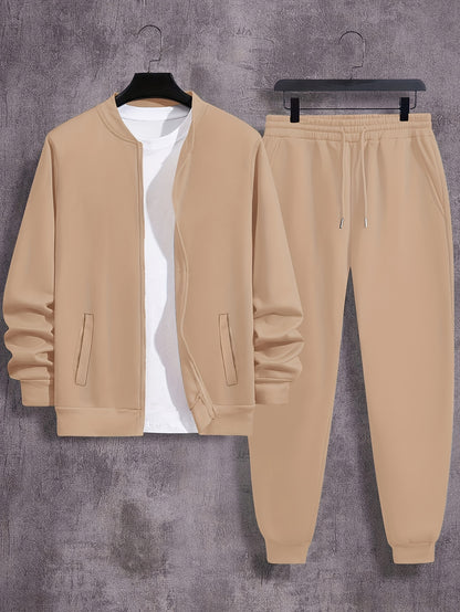 Men'S Casual Polyester Sweatsuit Set with Baseball Collar and Slight Stretch - Solid Color Long Sleeve Knit Fabric Track Suit for Fall/Winter