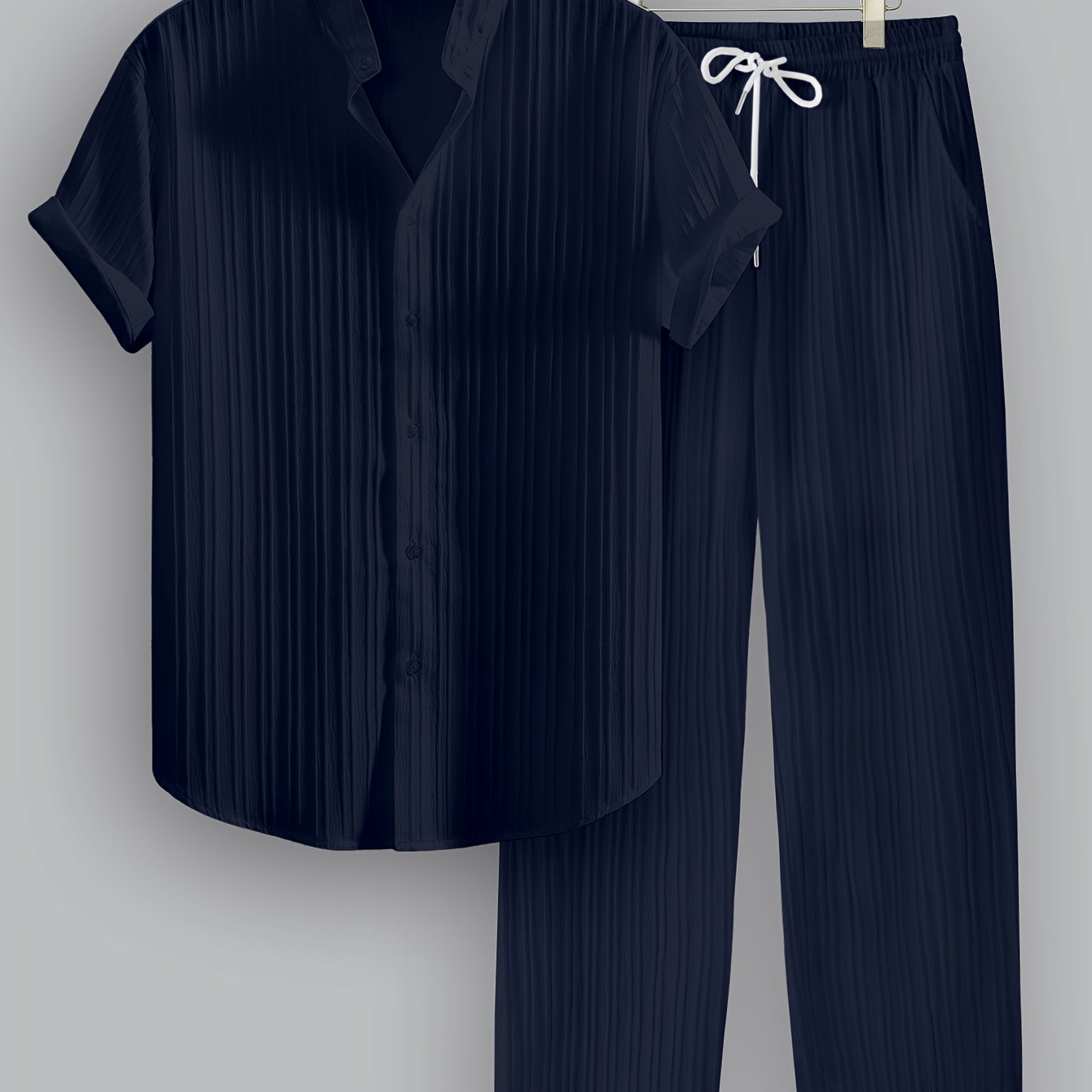 2pcs Men's Summer Casual Striped Polyester Outfit Set, Short Sleeve Stand Collar Shirt and Drawstring Pants, Non-Stretch Woven Fabric, Regular Fit for Daily Wear and Beach Vacation, Plain Color, Beach Vacation