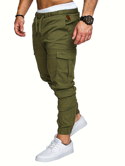 Men'S Casual Cargo Pants, 95% Cotton 5% Spandex, Skinny Fit, Solid Color, Long Length, Woven Fabric, Non-Stretch, with Pockets, 215g/m² Weight