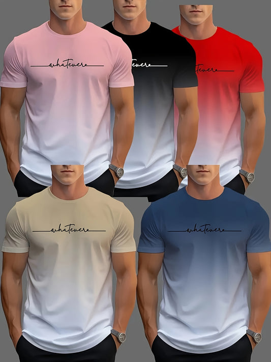 Men'S Fashion Novelty T-Shirt Set of 5pcs: Black, White, Red, Pink, Beige, Casual Crew Neck, Regular Fit, Slight Stretch Fabric, Printed Pattern, Casual Wear, Novelty Design, Comfortable Fit