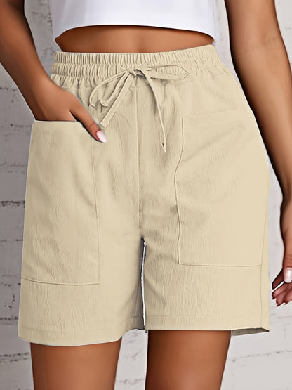 Women's Beige Cargo Shorts - Casual & Stylish, Solid Color with Drawstring Waist and Pockets, Polyester Blend, Machine Washable, All-Season Comfort