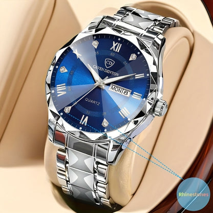 Men'S Quartz Business Watch with Rhinestone-Embellished Luminous Dial, Stainless Steel Strap & Case, Date & Day Display, IPX7 Water-Resistant - Ideal for Travel, Work, Outdoor - Perfect Gift for Birthdays, Holidays, Anniversa