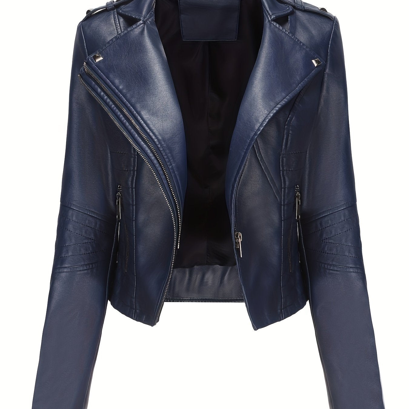 Women'S Casual Faux Leather Jacket, Solid Color, Long Sleeve, Regular Length, Fall/Winter, Zipper Placket, Woven, Non-Stretch Fabric, 100% Polyurethane, Lapel Collar, Dipped Hem Detail