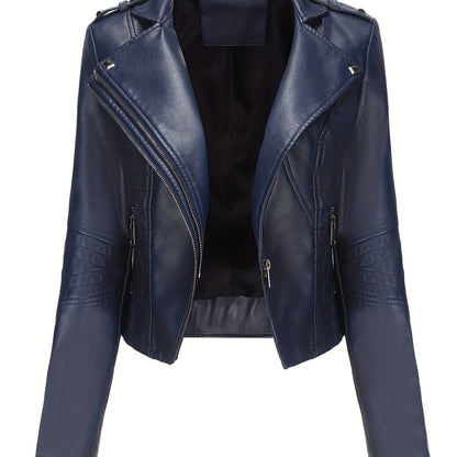 Women'S Casual Faux Leather Jacket, Solid Color, Long Sleeve, Regular Length, Fall/Winter, Zipper Placket, Woven, Non-Stretch Fabric, 100% Polyurethane, Lapel Collar, Dipped Hem Detail