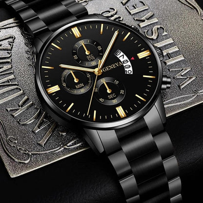 Men'S Luxury Black Stainless Steel Quartz Watch with a Date Feature, Ideal for Business Occasions.