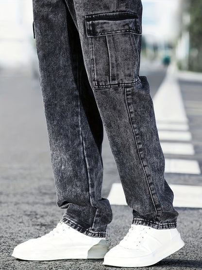 Men's Multi-Pocket Cargo Jeans - Casual Loose Fit Denim with Flap Pockets, Durable Cotton Blend, Ideal for All Seasons, Casual Wear Pants | Classic Blue Jeans | Cotton Blend Jeans