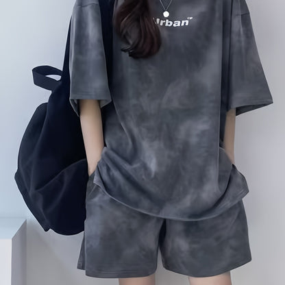 Women's Fashionable Tie-Dye Letter Print Comfortable Casual Loose Short Sleeve Top & Side Pocket Shorts Set - Summer Sporty Outfit in Gray, Polyester/Spandex Blend