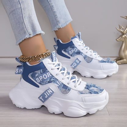Women'S High-Top Fashion Sneakers with Plaid Pattern, Lightweight EVA Sole, Lace-Up Closure, Fabric Insole, and Tassel Embellishment - All-Season Sports Shoes with Random Printing Design, Ladies Sneakers