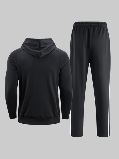 A Set of Two Men'S Casual Sports Outfits, Featuring a Striped Design with Moderately Soft Fabric, Suitable for Outdoor Running And Fitness Activities in All Seasons.