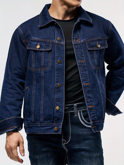 Men's Stylish Denim Jacket - Casual Long Sleeve with Flap Pockets, Machine Washable