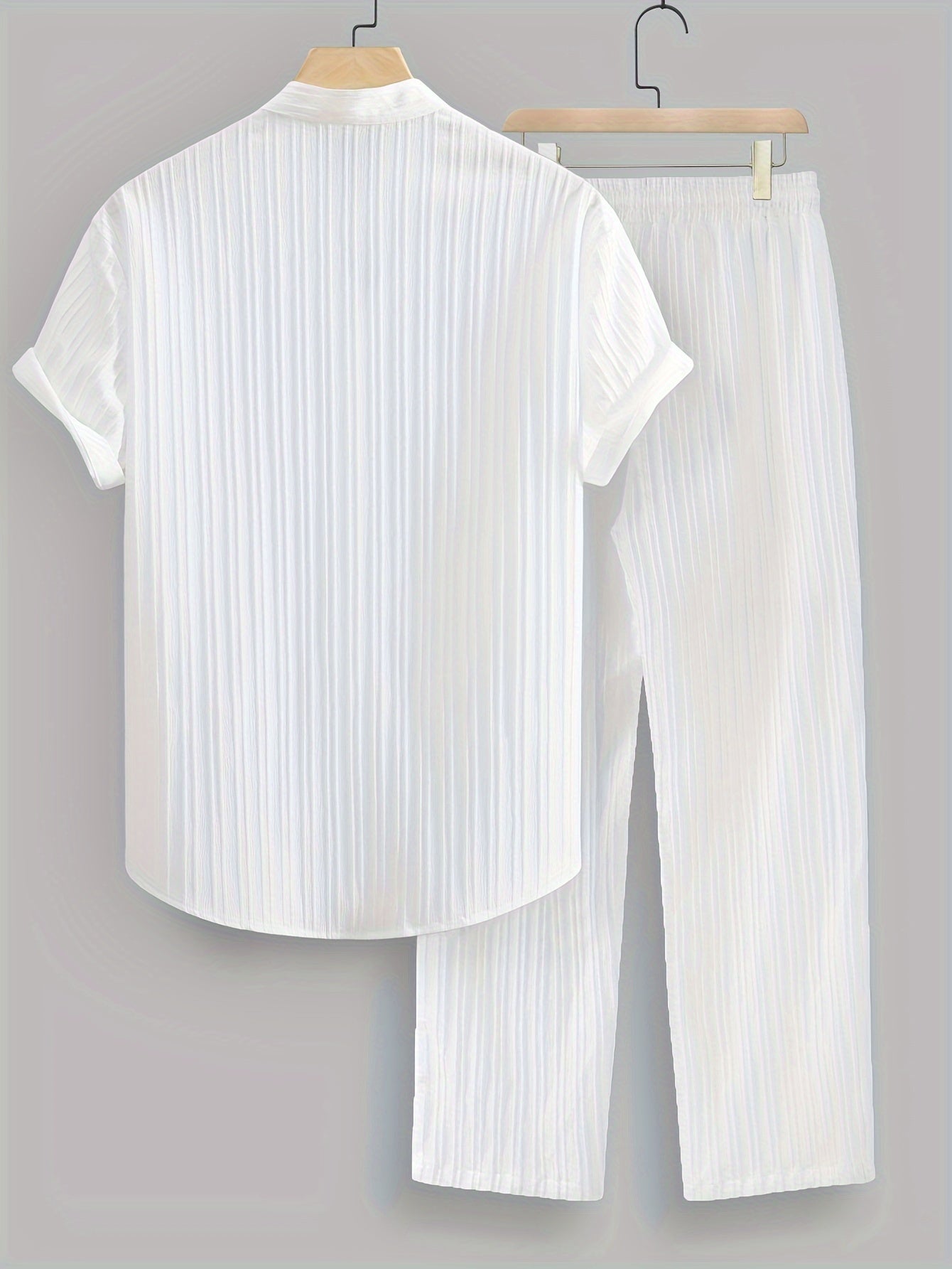 2pcs Men's Summer Casual Striped Polyester Outfit Set, Short Sleeve Stand Collar Shirt and Drawstring Pants, Non-Stretch Woven Fabric, Regular Fit for Daily Wear and Beach Vacation, Plain Color, Beach Vacation