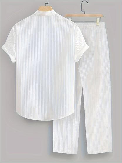 2pcs Men's Summer Casual Striped Polyester Outfit Set, Short Sleeve Stand Collar Shirt and Drawstring Pants, Non-Stretch Woven Fabric, Regular Fit for Daily Wear and Beach Vacation, Plain Color, Beach Vacation
