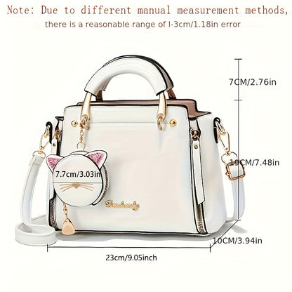 Women'S Fashion 2023 Embroidered Cat Design Messenger Bag, Removable Strap, Zipper Closure, Polyester Lined, Casual Shoulder Handbag with Edge Paint Detail