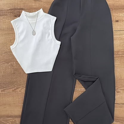 Summer Sexy Half-Turtleneck Sleeveless Vest + Versatile Western Flare Pants Set with Belt