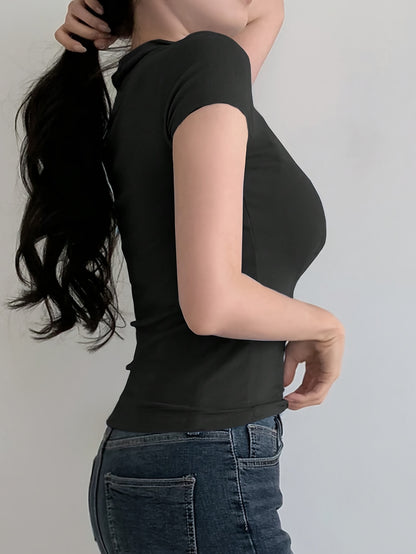 [Sleek Fit] Women's Slim Fit Short Sleeve Shirt - Elegant Black V-Neck Tee, Stretchy Polyester Blend, Machine Washable, Perfect for Spring/Summer/Fall, Short Sleeve Blouses