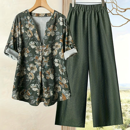 Elegant Floral Print Blouse & High-Waisted Pants Set - Chic Green & White Floral Top with Ruffled Sleeves, Button-Front Design, and Wide-Leg Pants for Spring/Summer, Spring Summer Outfit | Floral Print Blouse | Buttonfront Bl