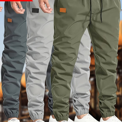 3pcs Men's Solid Color Drawstring Joggers - Casual Cargo Cropped Pants, Polyester, Machine Washable, in Black, Dark Gray, Olive Green with Patch Detail