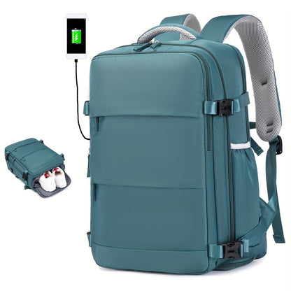 Large Capacity Women'S Travel Backpack with Shoe Compartment, Flight Approved Carry-On, Business Laptop Bag, Polyester Lined, Adjustable Strap, Zipper Closure, Solid White, USB Powered