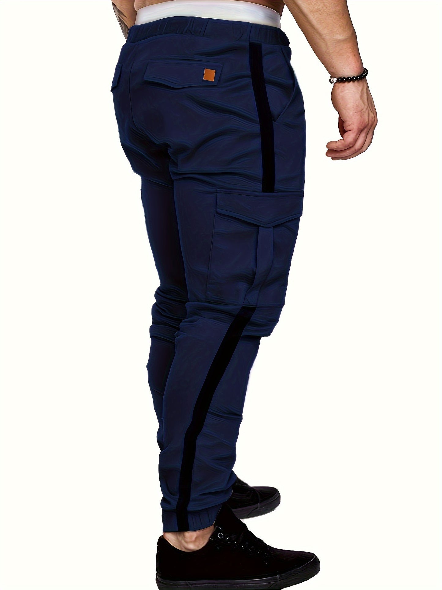 Men's Striped Track Pants With Multi Pockets, Active Drawstring Joggers For Outdoor Activities Gift