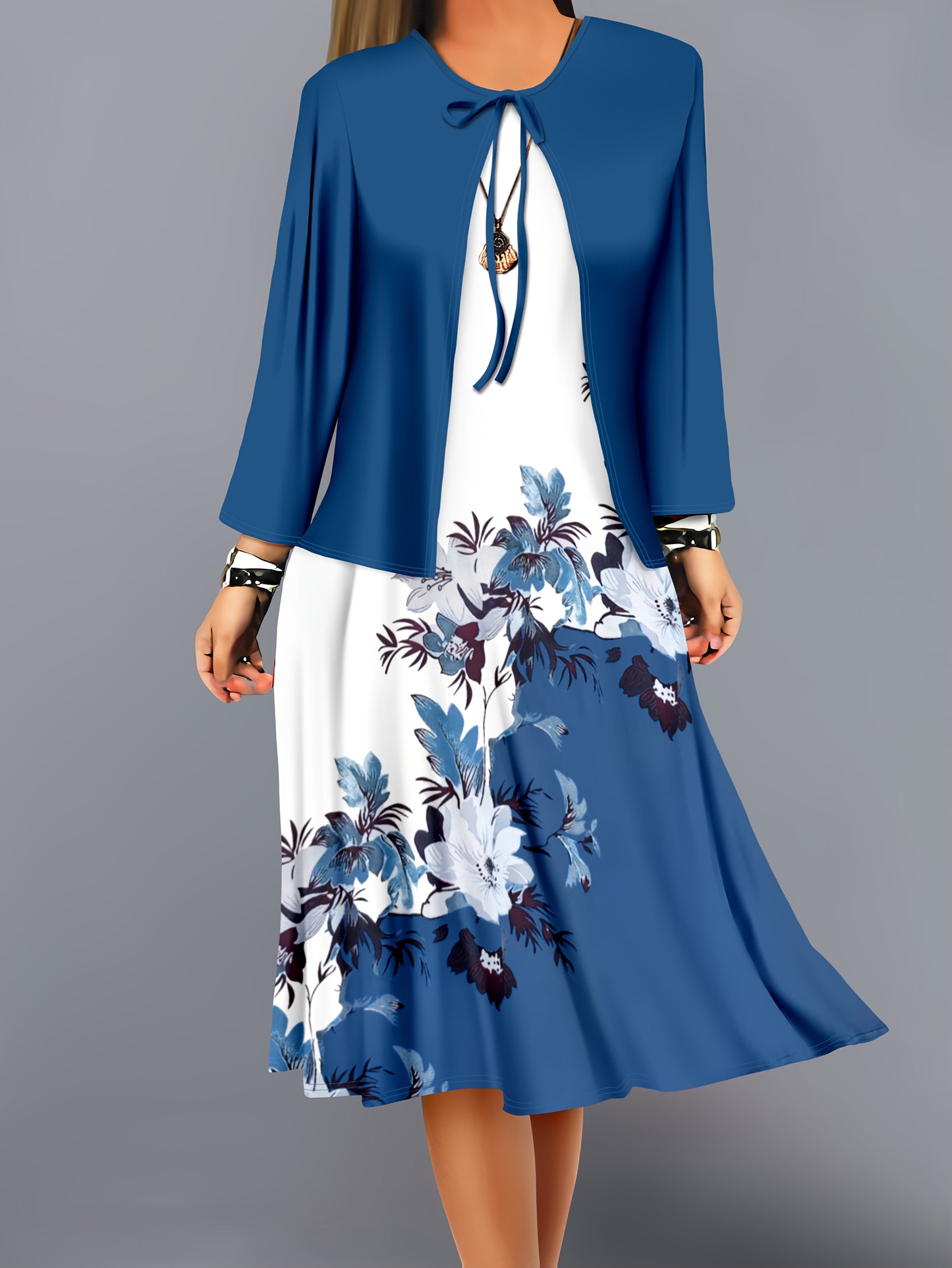 Fashion Women's solid color small cardigan and floral print patchwork dress two-piece set