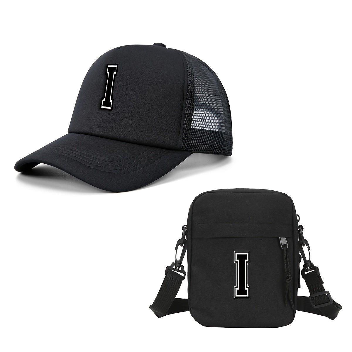 2pcs Men'S And Women'S 26-Letter Printed Trucker Hat & Bag Set, Mesh Breathable Versatile Casual Sun Hat, Suitable for Holiday Vacation, Mountain Climbing, Camping, Outdoor Street And Other Scenes, Suitable As a Birthday, Hol