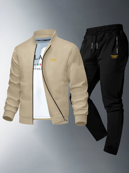 Men'S Trendy Jacket And Pants Set, 1800 Print, Casual Young Sports Suit, Skinny Fit, Zipper Detail, Long Sleeve, Slight Stretch Fabric, Collared Neck, Fall/Winter, Casual Style, Skinny Fit Jacket|Modern Casual Wear|Zippered J