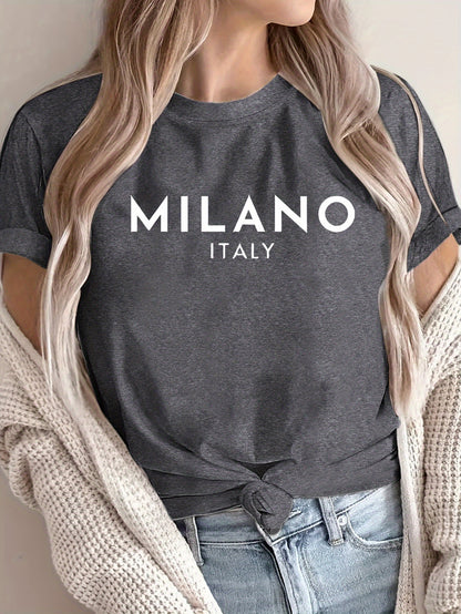 Women'S Casual Polyester T-Shirt with "Milano Italy" Letter Print, Short Sleeve Crew Neck Top, All-Season Knit Fabric Tee, Regular Length - 180gsm